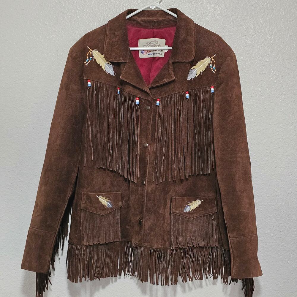 Vintage Lariat Leather Western Jacket with Fringe and Feather Embellishments